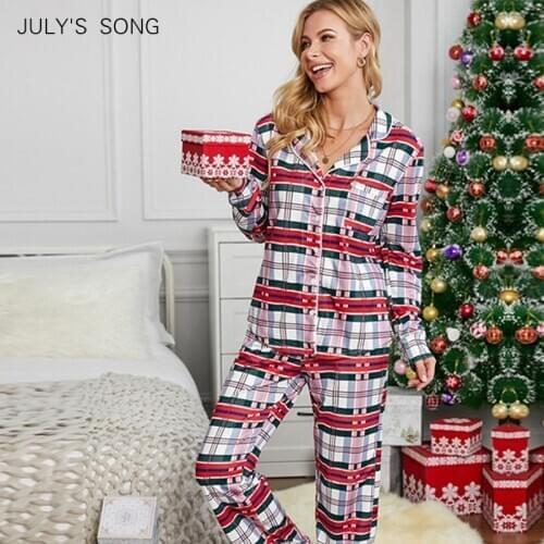JULYS SONG 2 Pieces Christmas Pajamas Set Cotton Autumn Winter Women Leisure Lattice SleepwearLong Sleeve Trousers Homewear