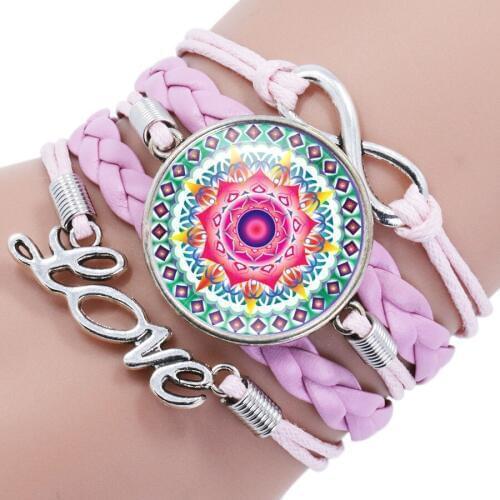 Religious Theme Buddhism OM Symbol Mandala Flower Infinity Charm Bracelet Zen Glass Cabochon Multilayer Leather Bracelet Bangles
