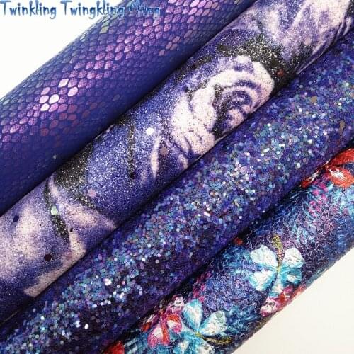 Blue Glitter Leather, Flowers Printed Synthetic Leather, Faux Leather with Cherry For Bow A4 21x29CM Twinkling Ming KM081