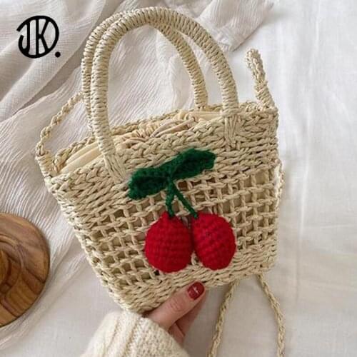 Ladies Straw Bag Boho Summer Beach Crossbody Bags For Female Cute Cherry Messenger Envelope Phone Wallet Travel Fashion Mini Bag