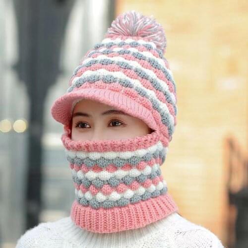 Warm Neck Knit Hat Fur Pompoms Hat Mask Winter Hat For Women Wool Skullies Hat Female Balaclava Sacrf