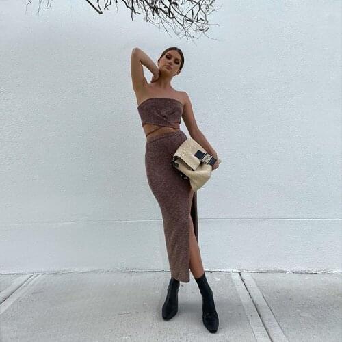 XLLAIS Elegant Knitting Two Piece Dress Set For Women Sexy Strapless Bandage Top And Split Skirt Suits Holiday High Streetwear