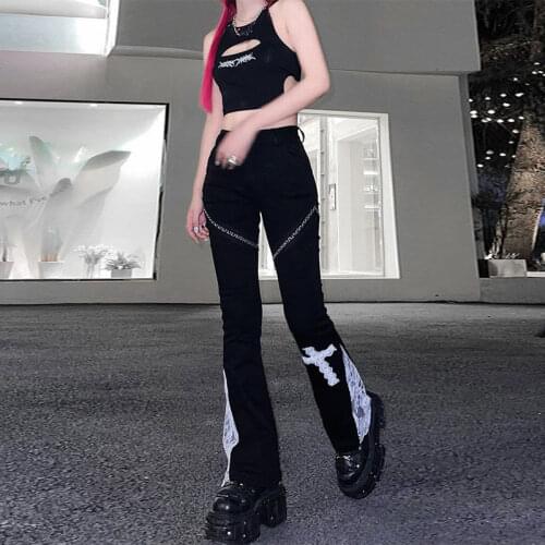 Womens Trousers Vintage Y2K Black Cross Lace Print Harajuku High Waist Bodycon Bell-bottoms Personality Gothic Trousers Pants
