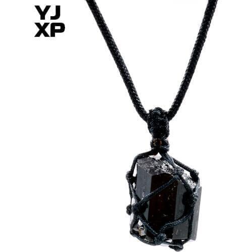 YJXP 1 Pcs Black Hemp Wrapped Natural Tourmaline Stone Weave Pendant Necklace Unique Irregular Pendant Rope Chain Jewelry Making