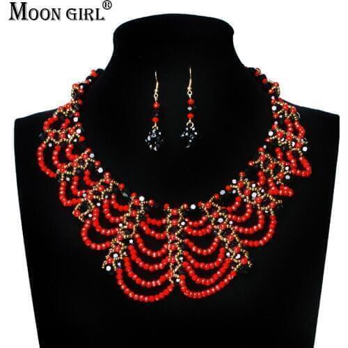 MOON GIRL Design Very Luxurious Red Crystal Beads Braid Womens Wedding Party Jewelry Sets Fashion African beads jewelry set