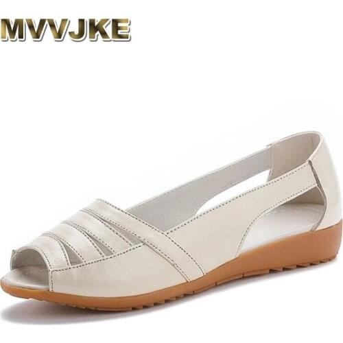 MVVJKE Genuine Leather Female Sandals Summer Shoes Woman Flat Low Heel Soft Bottom Peep Toe Hollow Sandals Women Casual Shoes