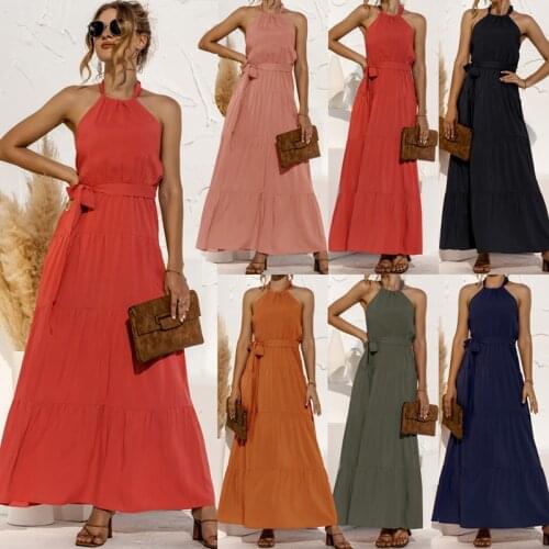 Spring Summer Solid Color Dresses For Women 2021 Elegant Womens Maxi Dress Neck-Mounted Robe Longue With Bandage Party Vestidos