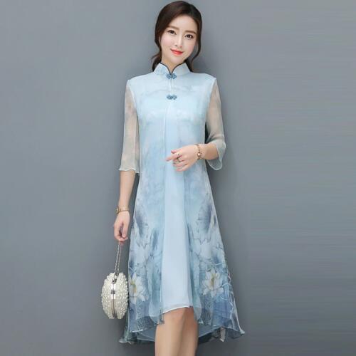 Beautiful 2021 high quality spring Summer Dress Mandarin Collar Retro Chinese Style Dresses Women Plus Size Women ClothingQH1274