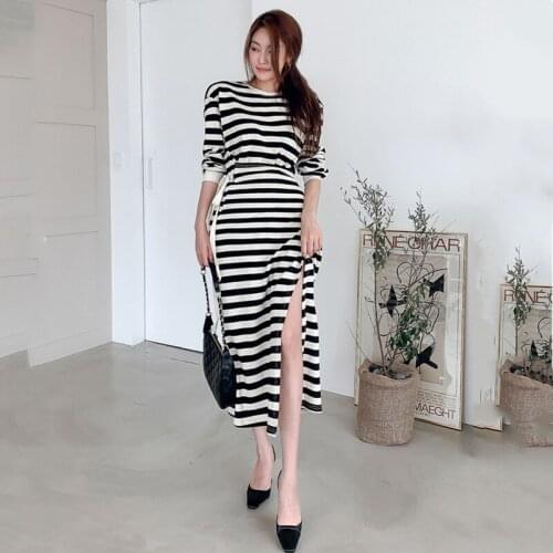 2020 Fall New Fashion Womens Korean Style Temperament Waist Knitted Striped Casual Dress