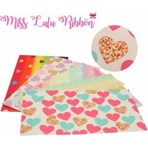 8x13inch (20x34cm) Printed Glitter Vinyl Ribbon Cut Piece 60pcs/pack Rainbow Stripes Colorful Heart Star DIY Valentines Day