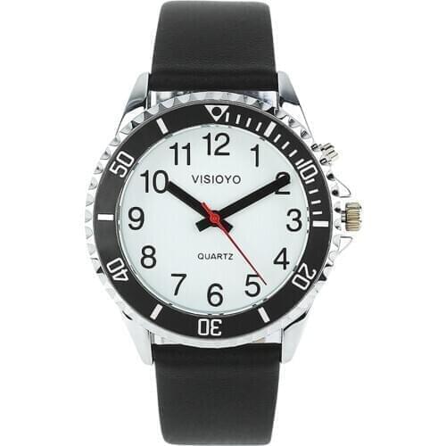 English Talking Watch with Alarm,Talking Date and Time,White Dial,Black Leather Band TEBW-1502