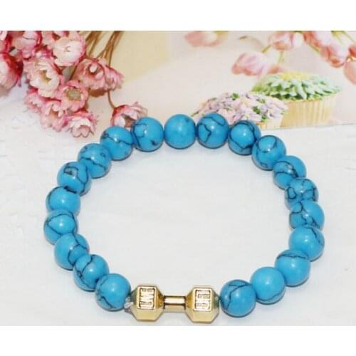 Blue Stone Beads Dumbell Bracelet 10pcs/lot,wholesale fitness motivation jewelry