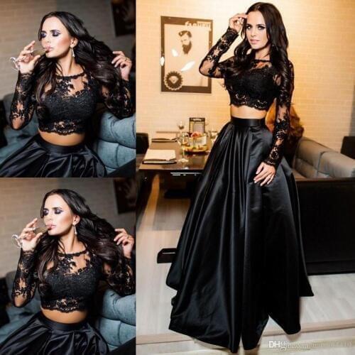 2019 Black Prom Dress Two Pieces With Pearls Long sleeves Lace Appliqués Plus Size Evening Dresses Evening Prom Dresses