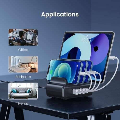 4-Port 5V 6A 30W Max USB Charging Station Hub Dock Stand Desktop Fast Charging Docking Station Smart Charger Organizer Holder