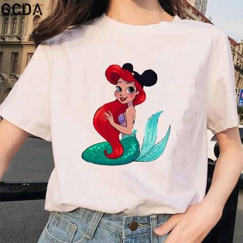 Mickey Ear Hat Ariel The Little Mermaid Print Summer T-shirts Women Casual Streetwear Vintage Harajuku T shirt Loose Girls Tops
