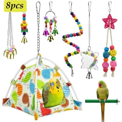 8 Pack Bird Cage Toys Cages for Birds Reliable & Chewable - Parrot Perch Hanging Chewing Bite Wooden Beads Ball Bell Toys