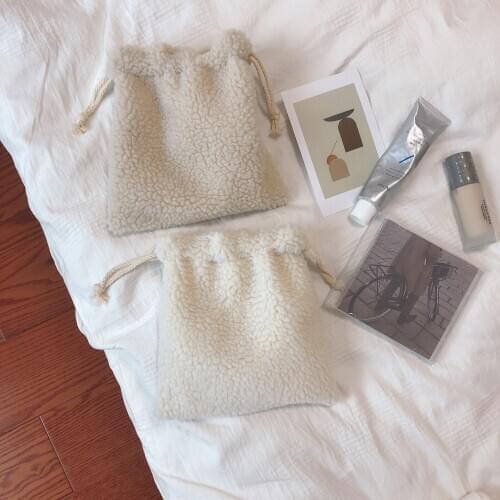 Cream Solid Warm Plush Drawstring Small Bag Bundle Pocket Zero Wallet Make Up Bag Lipstick Cosmetics Storage Bag Handbag
