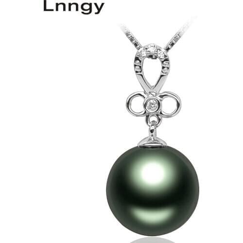Lnngy 925 Sterling Silver Flower Sona Pendants Women Bow Tie 10mm Tahiti Black Pearl Necklace Pendants Round Pearl Jewelry gifts