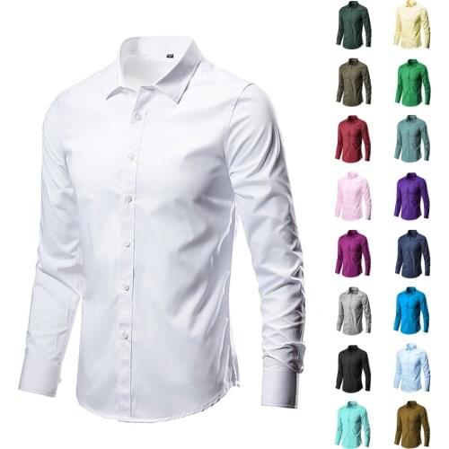 Formal Work Business Shirts Men Long Sleeve Shirt Slim Fit Solid Colors Suit Shirt Tops Office Interview Camisa Masculina