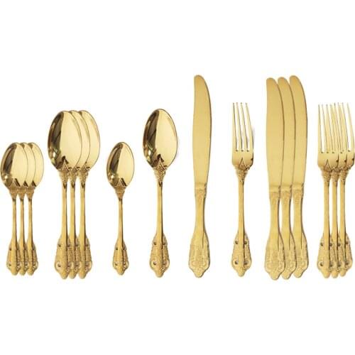 16Pcs Gold Tableware Set 304 Stainless Steel Cutlery Set Western Dinnerware Set Knife Fork Spoon Luxury Vintage Flatware Set