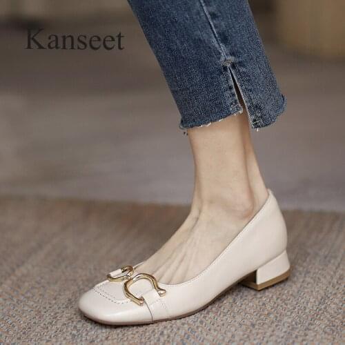 Kanseet 2021 Autumn New Womens Pumps Square Toe Genuine Leather Metal Decoration Party Dress Low Heels Shoes Female Big Size 41