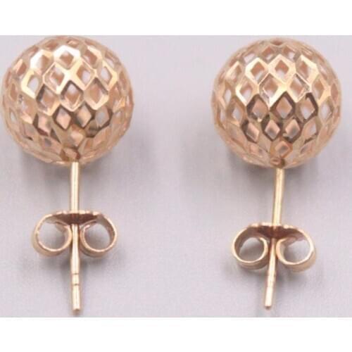 New Pure 18K Rose Gold Earrings 22x11mm Lozenge Pattrern Hollow Bead Ear Stud
