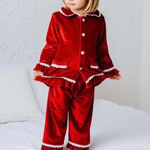 Infant Girls 2 Pcs Lace Vintage Pyjamas Red Christmas Pijamas With Pockets Cute Children Velvet Homewear Clothes