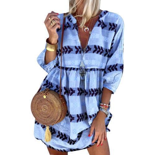 Casual Beach Women Geometric Print 3/4 Sleeve V Neck Loose Shirt Mini Dress Print 3/4 Sleeve V Neck Loose Shirt Mini Dress