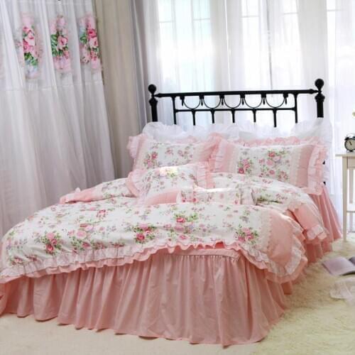 Romantic Embroidery Bedding Set Rose Print Bedding Ruffle Lace Bed Set Princess King Bedding Set Cotton Duvet Cover Set Queen