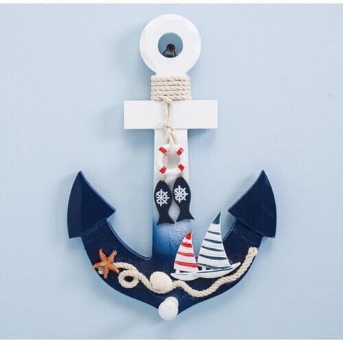 Mediterranean Style Wooden Nautical Anchor Hook Wall Hanging Ornament for Home Coffee Bar Vintage Wood Decoration Crafts Art