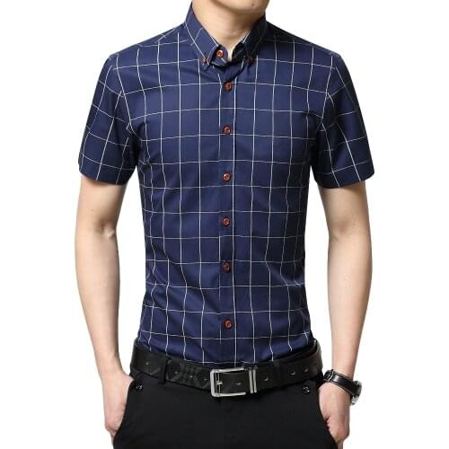 TFETTERS Casual Plaid Men Shirt Short Sleeve Shirt Mens Formal Dress Shirts Cotton Big Size Men Clothing