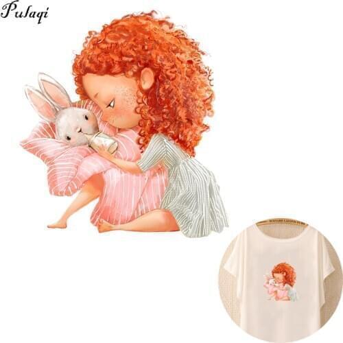 Pulaqi Vinyl Lovely Curls Girl Patches Cute Rabbit Iron On Transfers For Clothing Stickers Heat Thermal Transfer Patch Applique