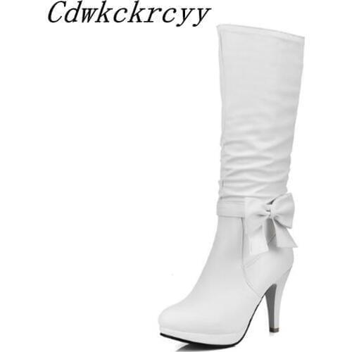 Women Boots Autumn and winter New style fashion Sweet Bow High cylinder Boots Cashmere Keep warm Chivalry boots plus size 34-43