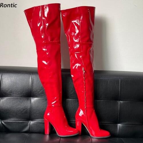 Rontic New Arrival Women Winter Thigh Boots Unisex Patent Chunky Heels Round Toe Elegant Black Red Cosplay Shoes US Size 5-20