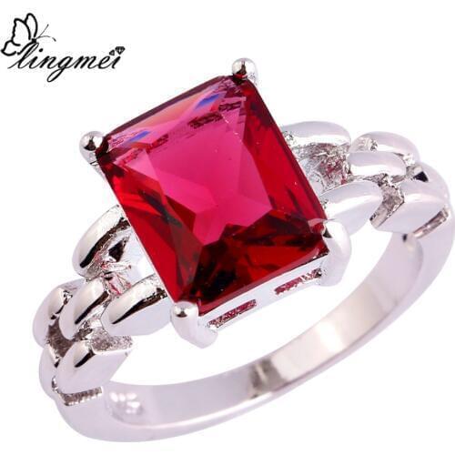 Lingmei $0.99 Big Promotion Wholesale Red Cubic Zirconia Silver ColorRing Size 6-9 10 11 Women Popular Beautiful Jewelry