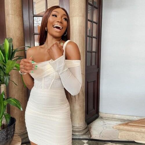 High Quality Summer Bodycon Dress Women Party Dress 2021 White Mesh Dress Sexy Mini White Dress Celebrity Evening Club Dress