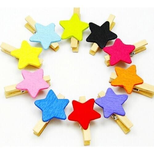 50pcs Colorful Star/Flower Wooden Clips Photo Paper Clips Craft Postcard Clips Home Birthday Party Wedding Valentines Day Decor