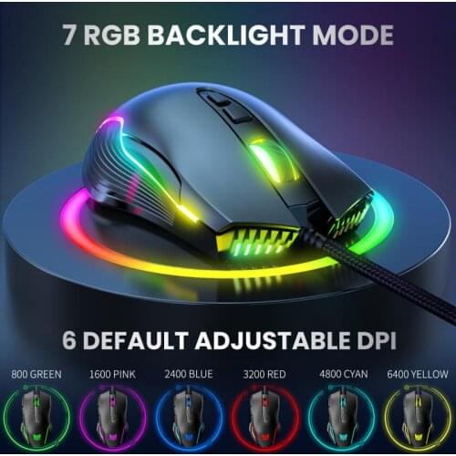 6400 DPI Wired Gaming Mouse USB Game Mice 7 Buttons Design Breathing LED Colors For Laptop PC Gamer
