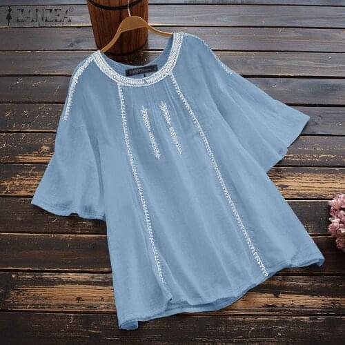 Vintage Embroidery Tops Womens Summer Blouses 2021 ZANZEA Casual Short Sleeve Blusas Female O Neck Tunic Plus Size Chemise 5XL