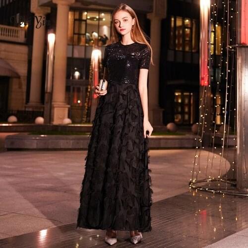 Weiyin Long Evening Dresses 2021 Women Elegant Sexy Lace O neck Long Evening Gown Black Sequined Dress robe de soiree WY1083
