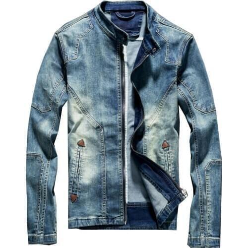 Blue Denim Jean Classic Biker Motorcycle Jacket Stand Collar Retro Slim Fit Mens Jeans Coat Washed High Quality