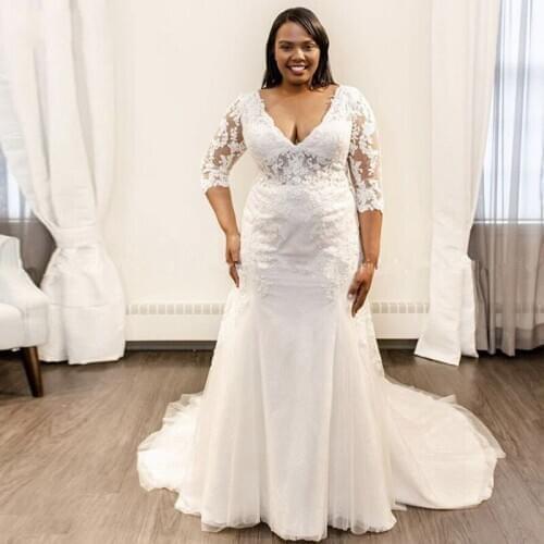 E JUE SHUNG African Mermaid Wedding Dresses V Neck Illusion Half Sleeves White Appliques Plus Size Bridal Gowns Robe de Mariage