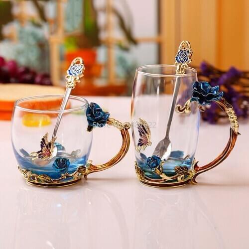 Enamel Coffee Cup Tea Mug 3D Rose Butterfly Glass Coffee Mug Wedding Gift Elegant Carved Cup with Spoon Tazas De Cafe LBShipping