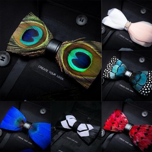 Ricnais Fashion Quality Mens Handmade Feather and Leather Bow Tie Pre-tied Bowtie With Gift Box For Wedding Party Accessories
