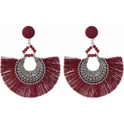 Indian Bohemian Ball Long Tassel Dangle Earrings Big Statement Women Earring Button Fan Shape Fringe Jewelry Vintage Earrings