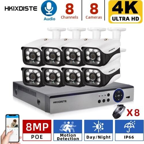 8Ch 4K Ultra HD CCTV Camera Security System 8MP Video Camera Surveillance Kit H.265 Outdoor Audio Record Poe IP Camera NVR Set