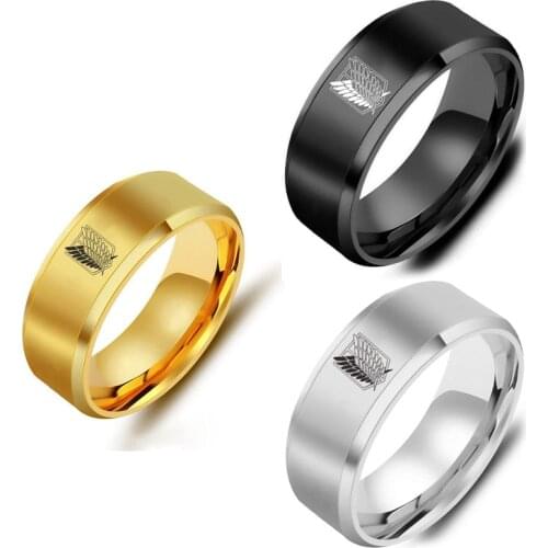 JUCHAO Attack on Titan Black sliver Stainless Steel Ring Wings Of Liberty Flag Finger Rings For Men Women Jewelry Anime Fans