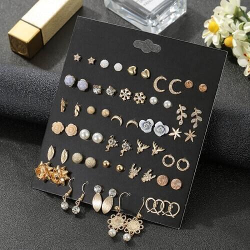 Luokey 30 Pairs/Set Women Retro Stud Earrings Set Tiny Round Party Gold Earrings Delicate Moon Snowflake Crystal Jewelry Brincos