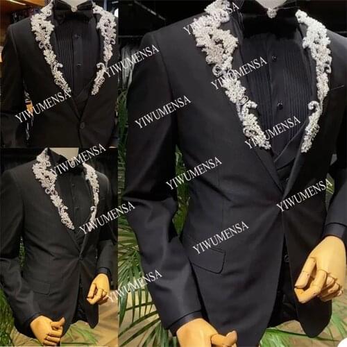 Handsome Crystals Pearl Prom Dress Formal Men Wedding Suits Set Jacket+Vest Custom Made Smoking Business Blazers Tuxedos 2021