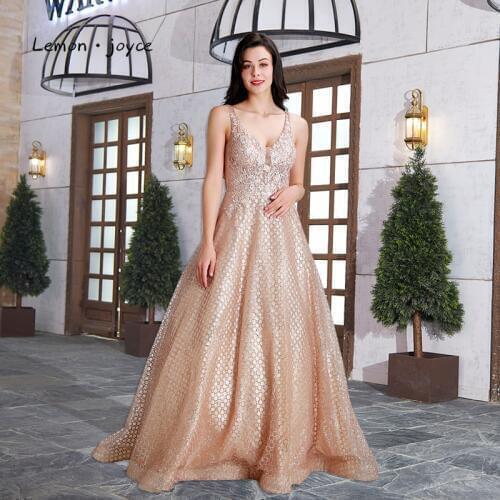 Lemon joyce Champagne Prom Dresses Long 2020 V-neck Sleeveless Backless A-line Sequin Evening Dress Party Gowns Plus Size